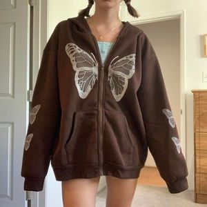 Butterfly Print Brown Hoodie